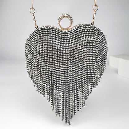 Crystal Heart Tassel Evening Bag - Heart-Shaped Evening Clutch