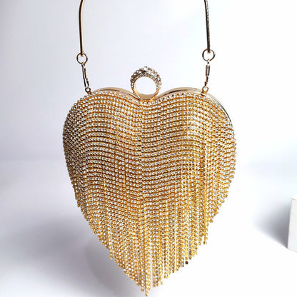 Crystal Heart Tassel Evening Bag - Heart-Shaped Evening Clutch