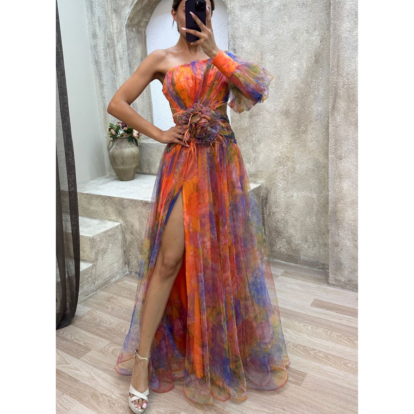 Mesh Tie-Dye Off-Shoulder Maxi Dress