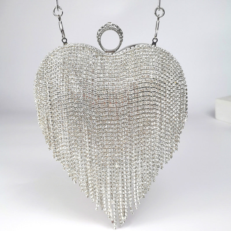 Crystal Heart Tassel Evening Bag - Heart-Shaped Evening Clutch
