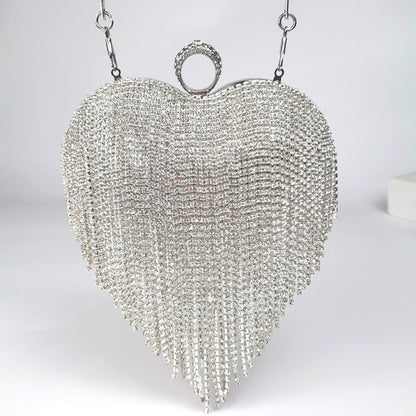 Crystal Heart Tassel Evening Bag - Heart-Shaped Evening Clutch
